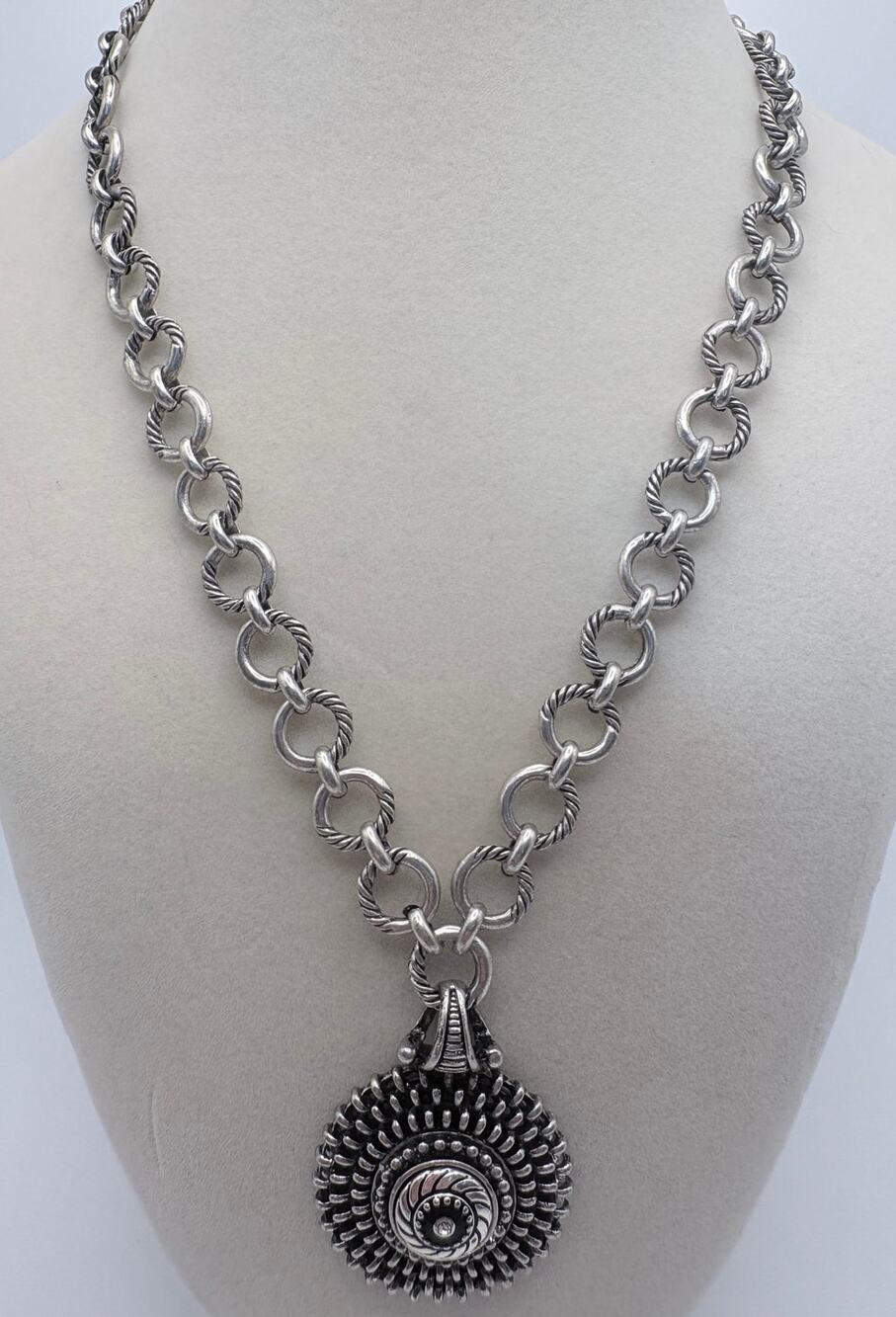 Silver-tone Medallion Statement Necklace with Small Rhinestone Center